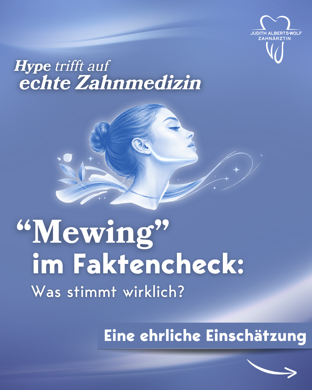 Das Bild zeigt eine grafisch dargestellte Person mit einer markanten Kiegerlinie. Der Hintergrund ist blau und es ist weißer Text zu sehen. Symbolisch für Hype trifft auf echte Zahnmedizin: Mewing im Faktencheck