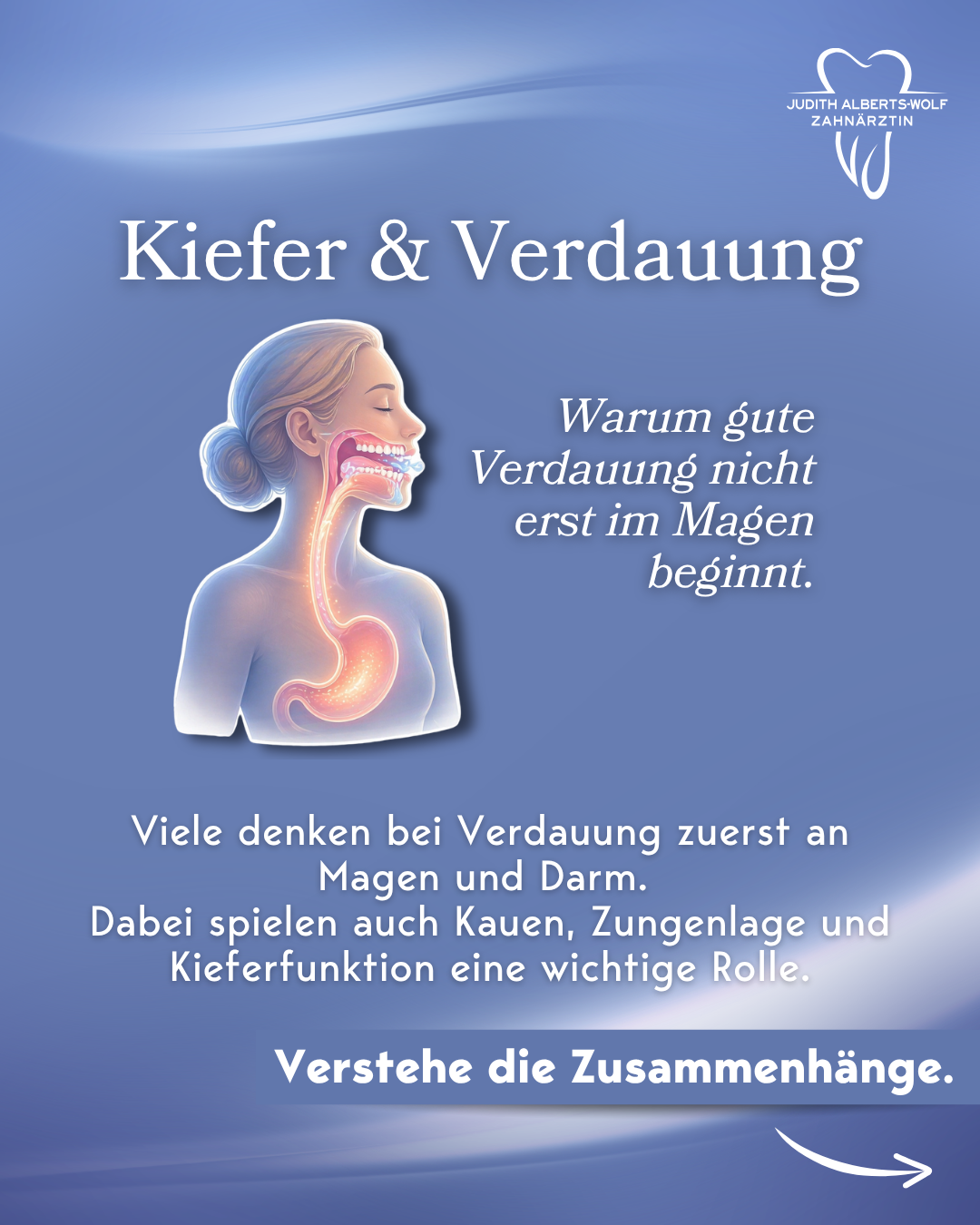 Das Bild zeigt eine graphisch dargestellte Person, anhand welcher der Beginn des Verdauungsprozesses dargestellt wird. Der Hintergrund des Bilds ist blau und geziert von weißen Lichtelementen. Außerdem befindet sich weißer Text auf dem Bild. Symbolisch für Kiefer & Verdauung: Der unterschätzte Zusammenhang